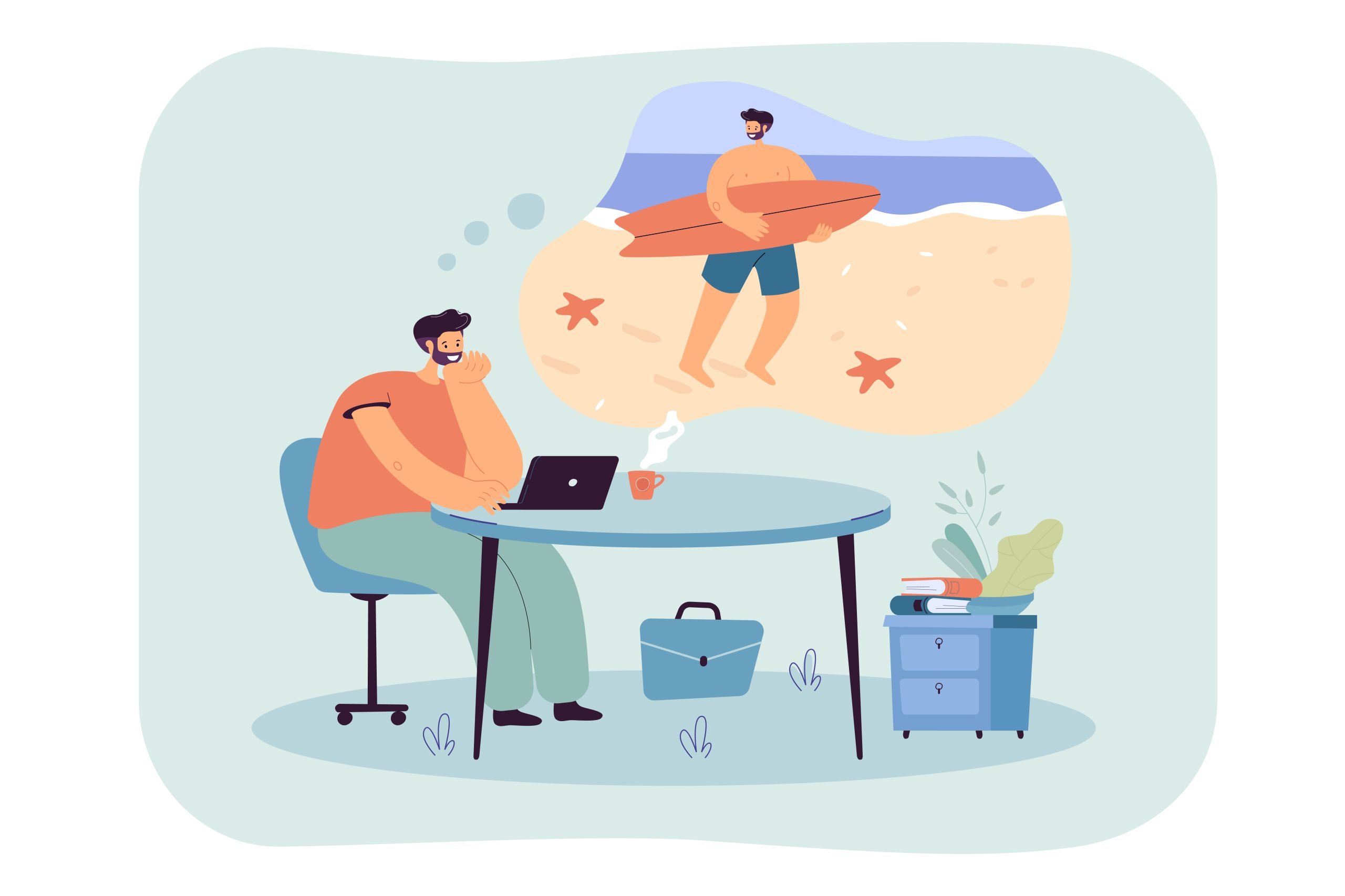 Relaxed business man dreaming of holidays in tropical island Relaxed business man dreaming of holidays in tropical island