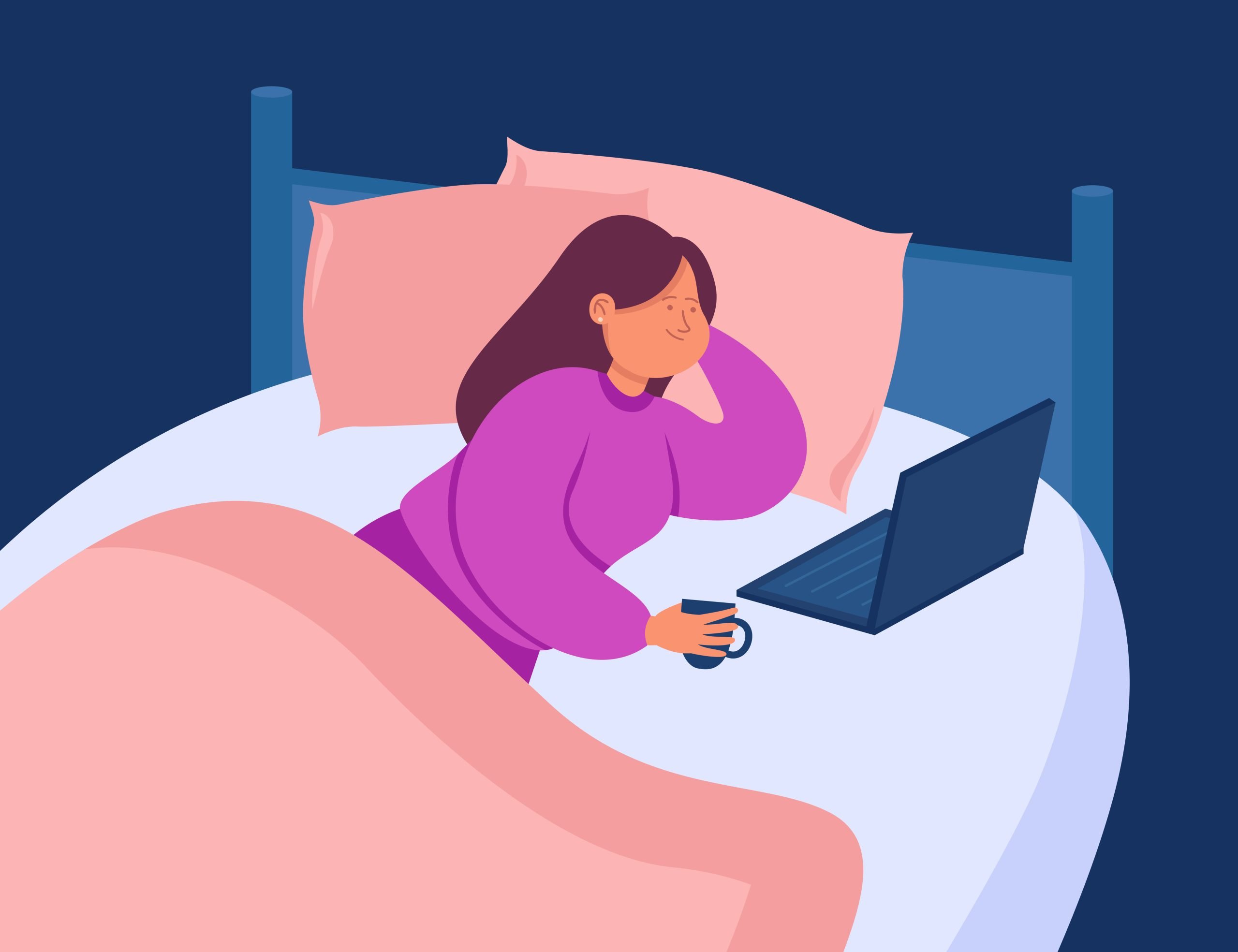 Woman drinking coffee and doing work in bed at home using laptop Woman drinking coffee and doing work in bed at home using laptop