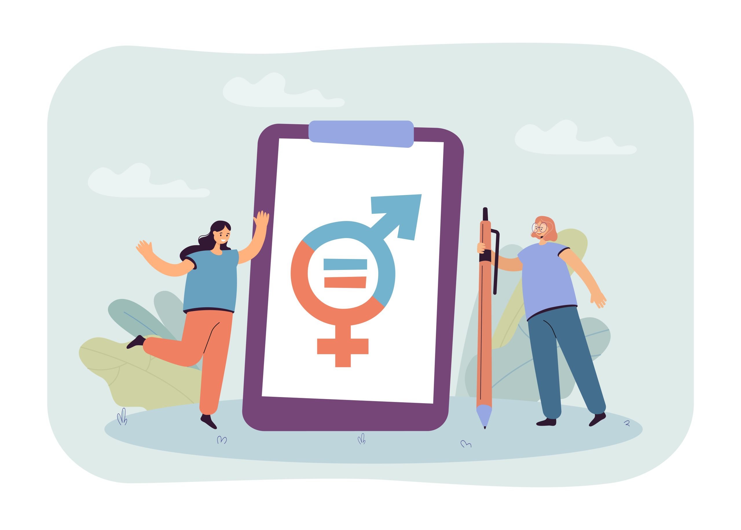 Feminists next to giant clipboard with gender equality symbol Feminists next to giant clipboard with gender equality symbol