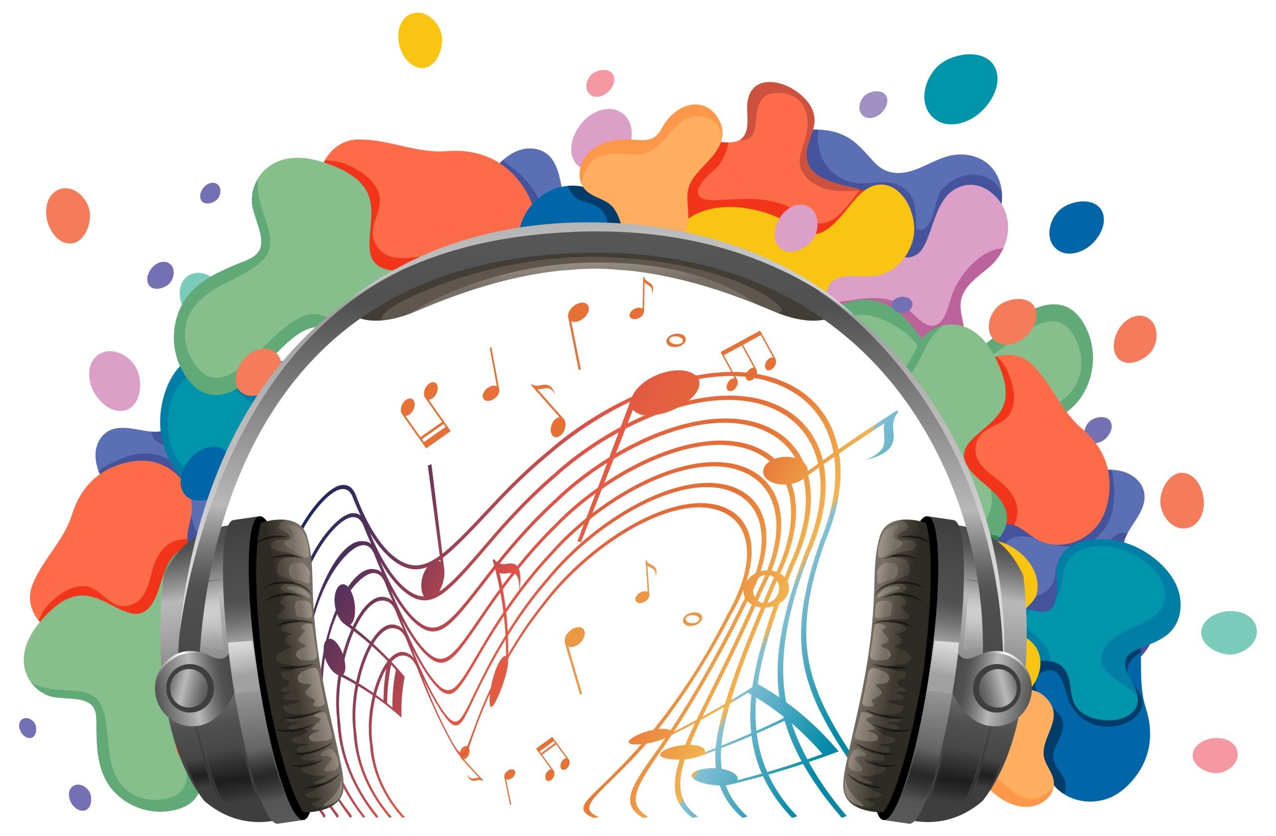 Headphone with music notes rainbow colourful on white background Headphone with music notes rainbow colourful on white background